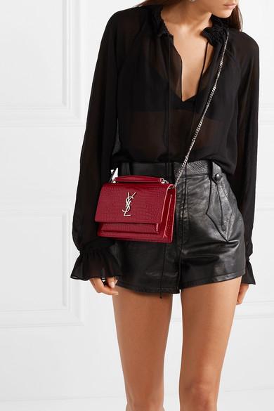 Saint Laurent Sunset Small Croc-effect Patent-leather Shoulder Bag in Red