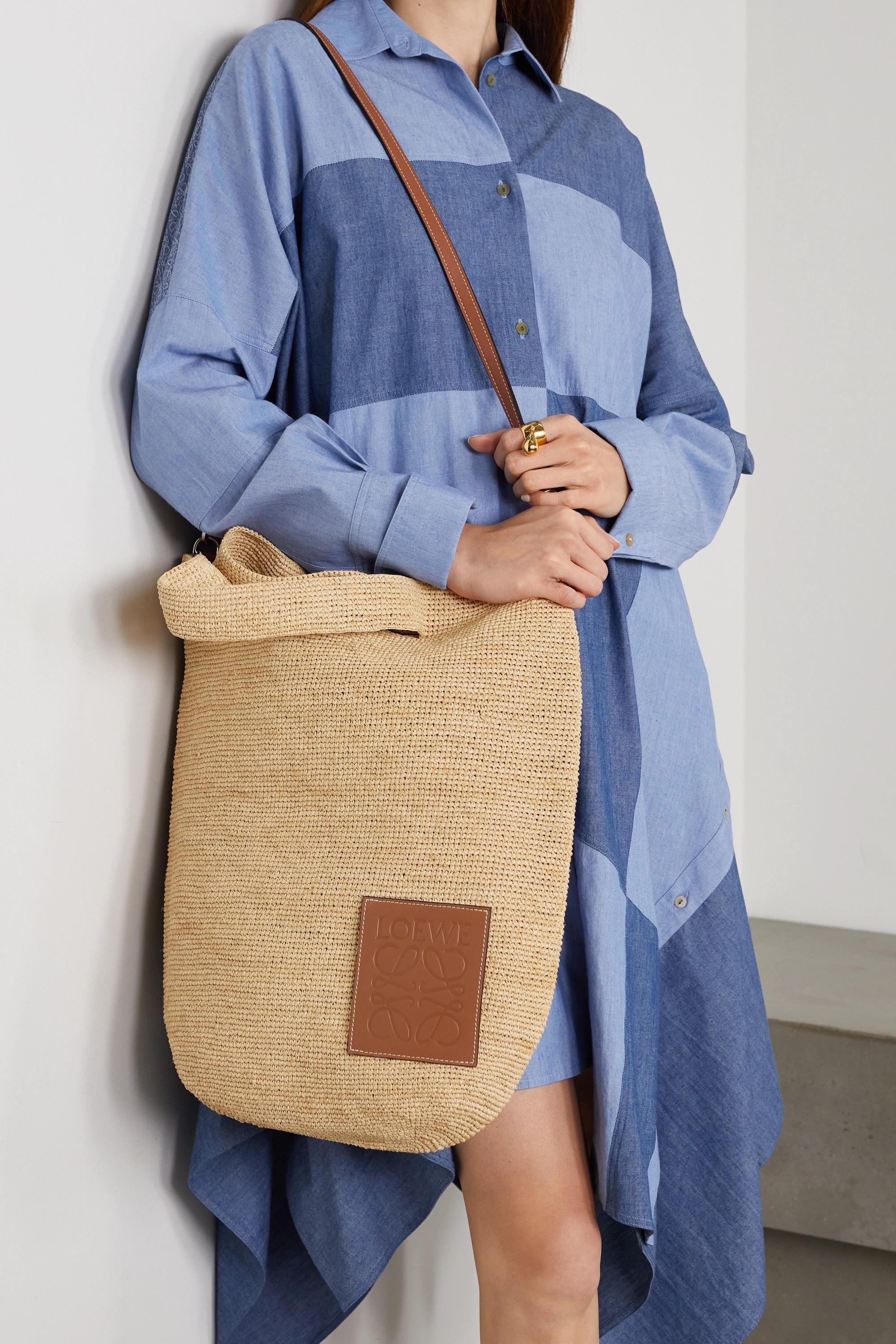 Loewe + Paula's Ibiza Slit Leather-trimmed Woven Raffia Tote In Beige