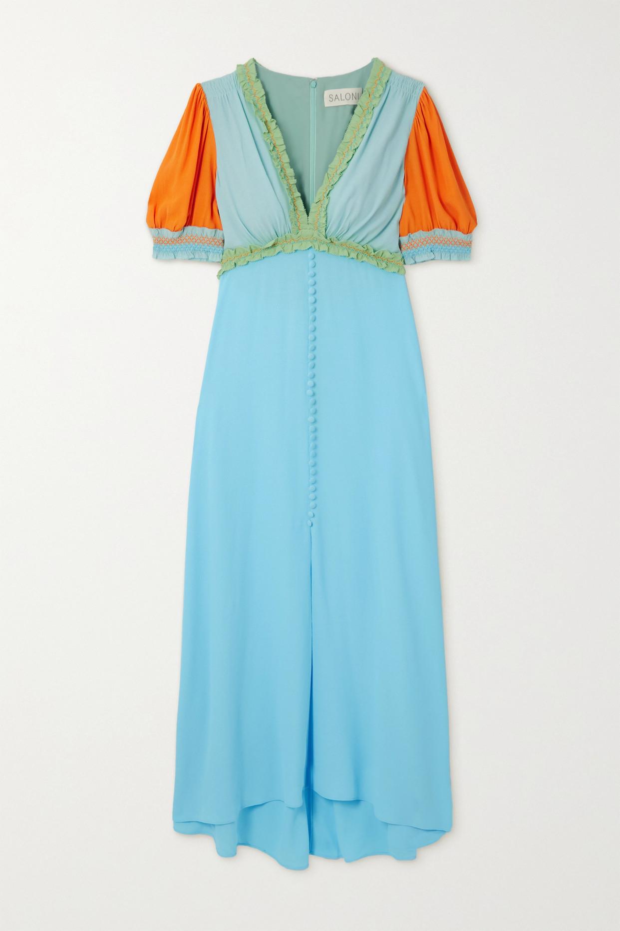 Saloni Lea Smocked Color-block Crepe Midi Dress in Blue | Lyst