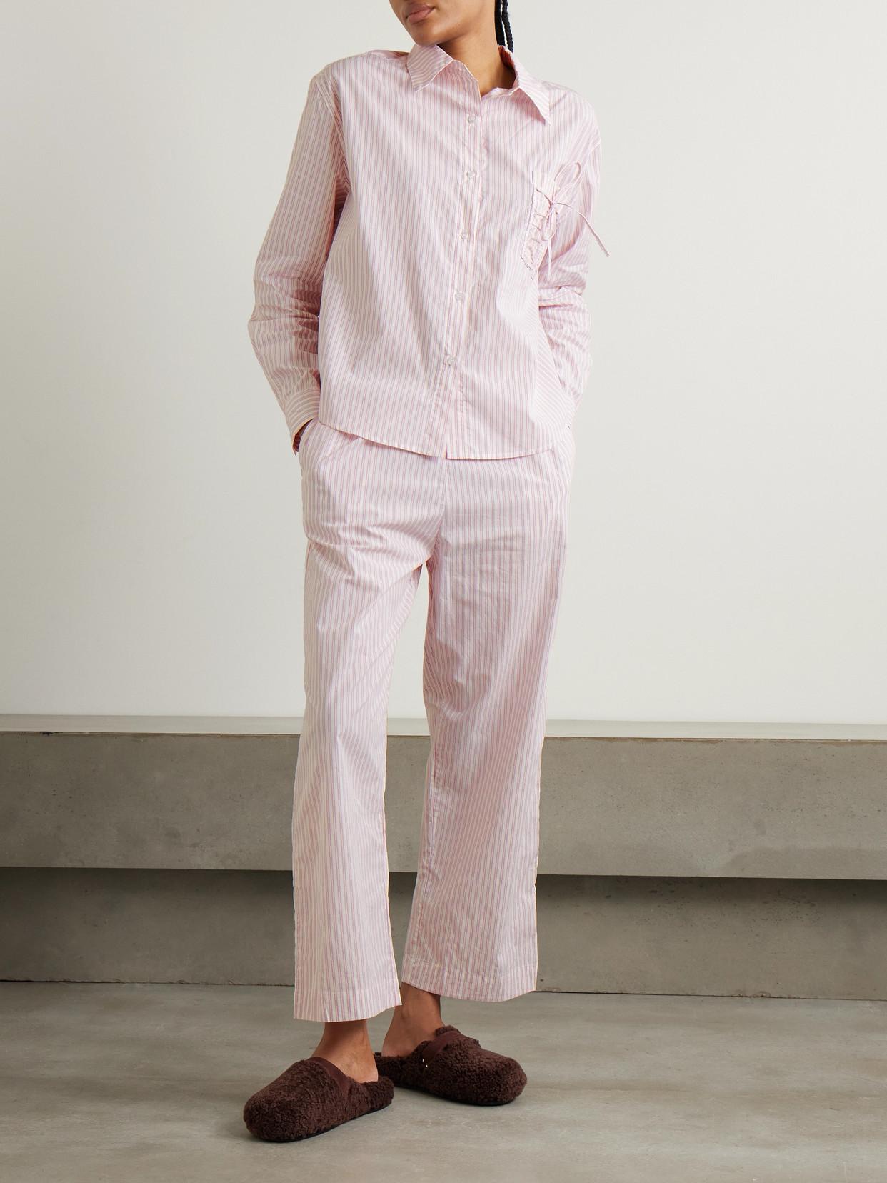 Deiji Studios Bow-Detailed Striped Organic Cotton Pajama Set in