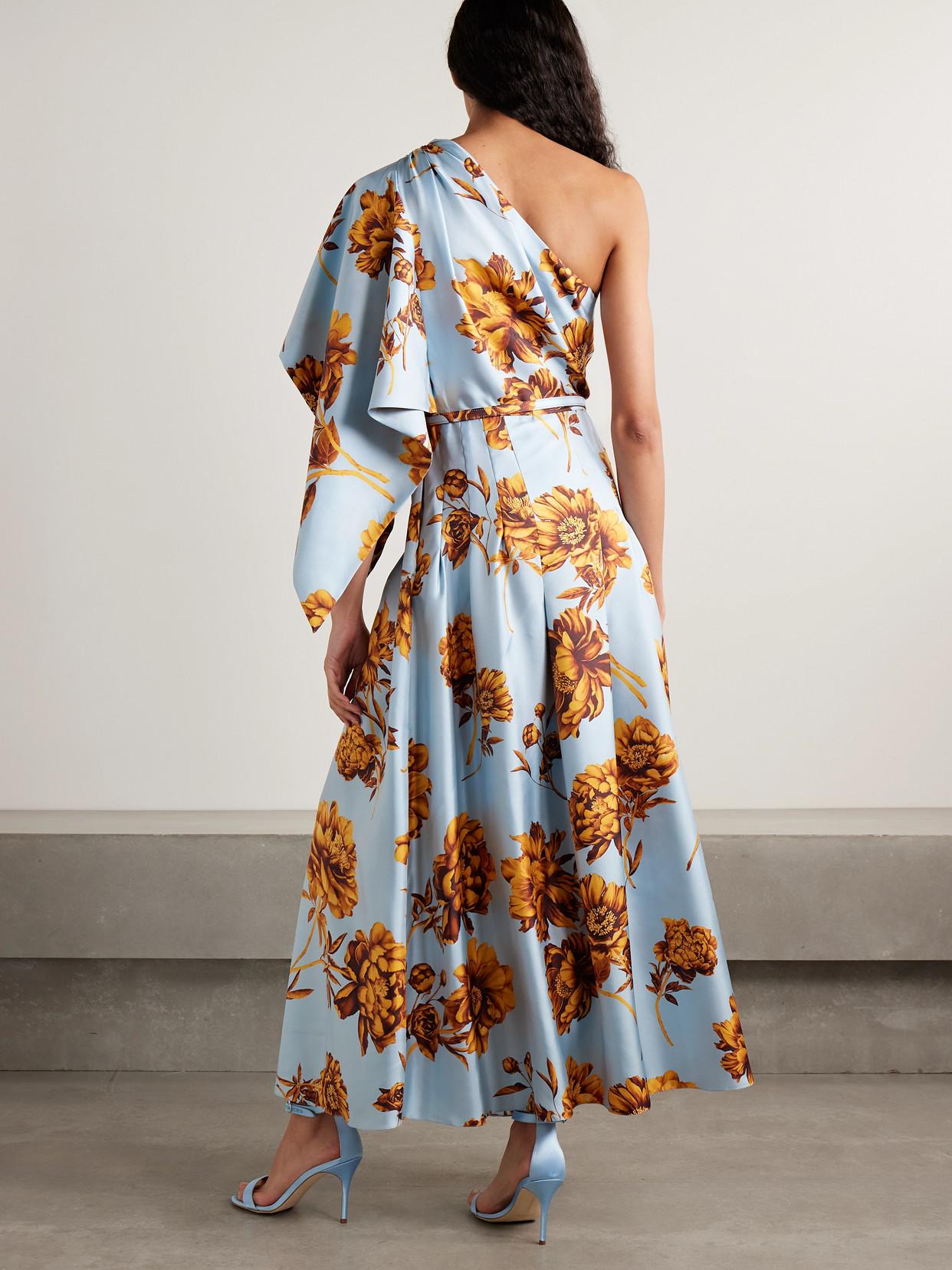 Oscar de la Renta One-Shoulder Belted Draped Floral-Print Silk-Twill Midi Dress in White | Lyst Oscar de la Renta One-Shoulder Belted Draped Floral-Print Silk-Twill Midi Dress in White | Lyst