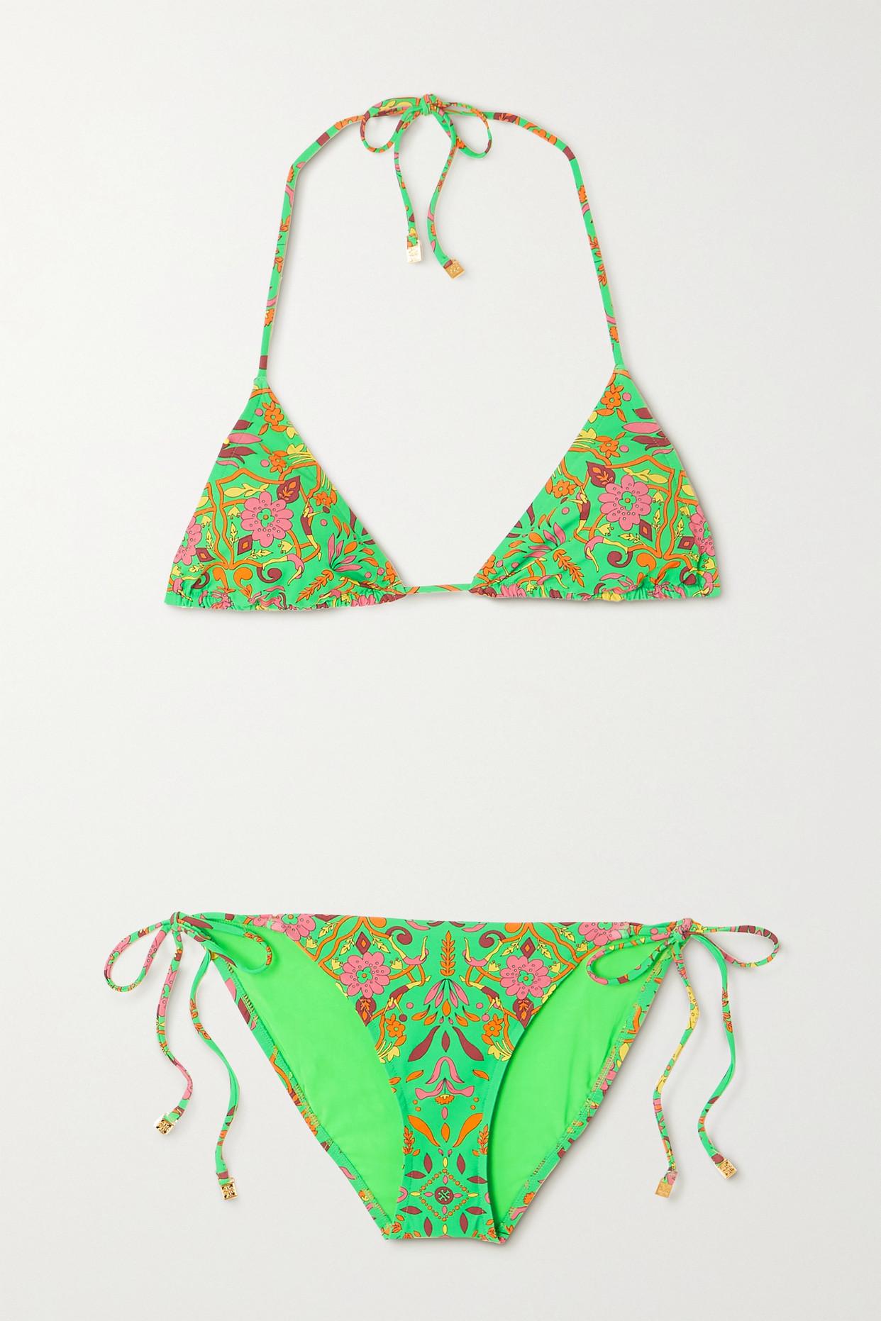 Tory Burch Floral-print Triangle Halterneck Bikini in Green
