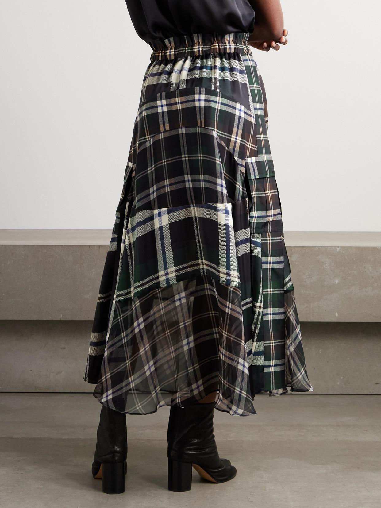 Sacai Patchwork Checked Chiffon Maxi Skirt in Black | Lyst