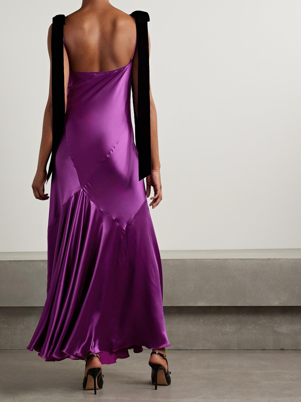 Nina Ricci Tie-Detailed Velvet-Trimmed Paneled Satin Maxi Dress in Purple |  Lyst