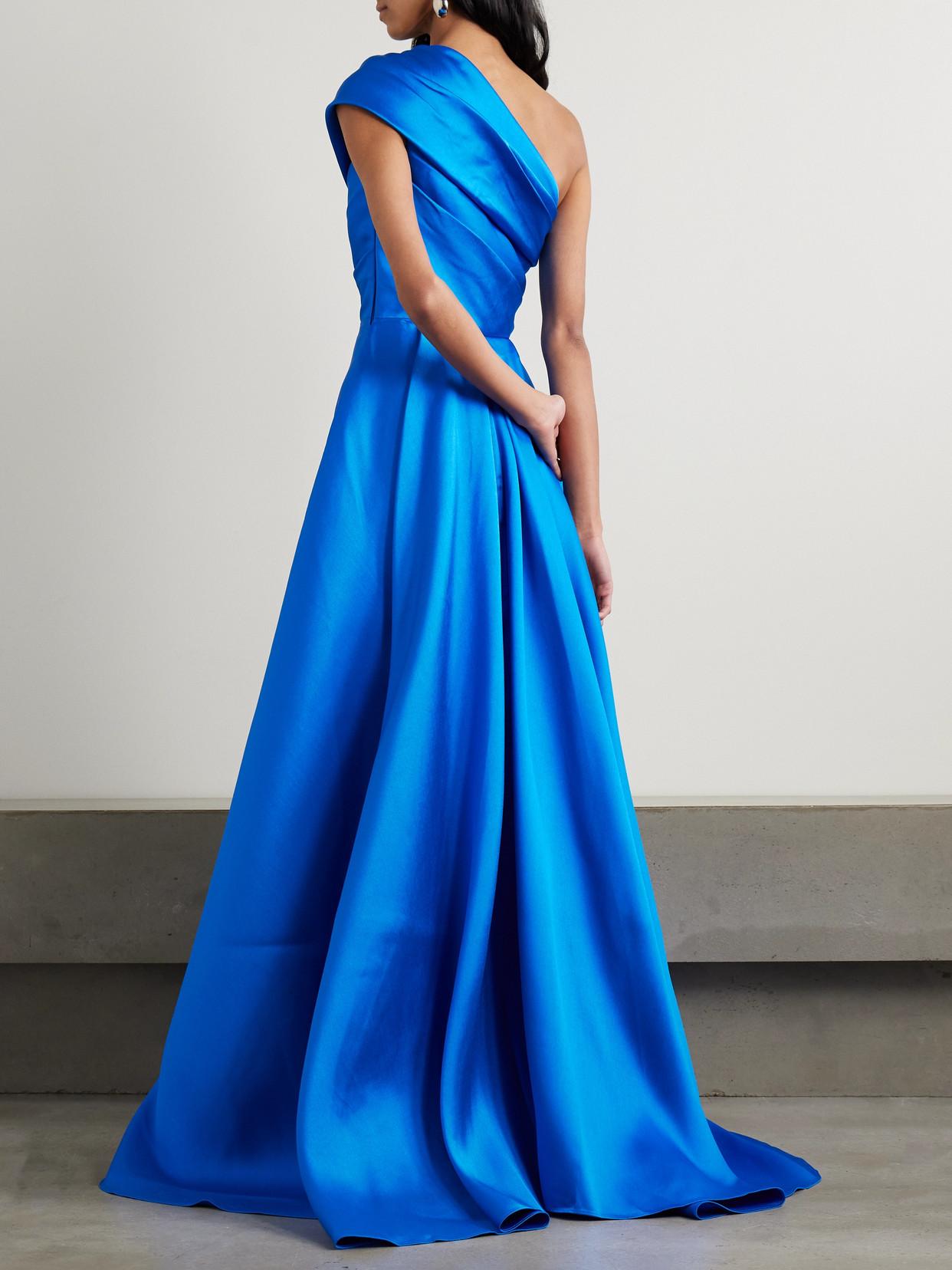Solace London Alba One-Shoulder Draped Satin-Twill Gown in Blue