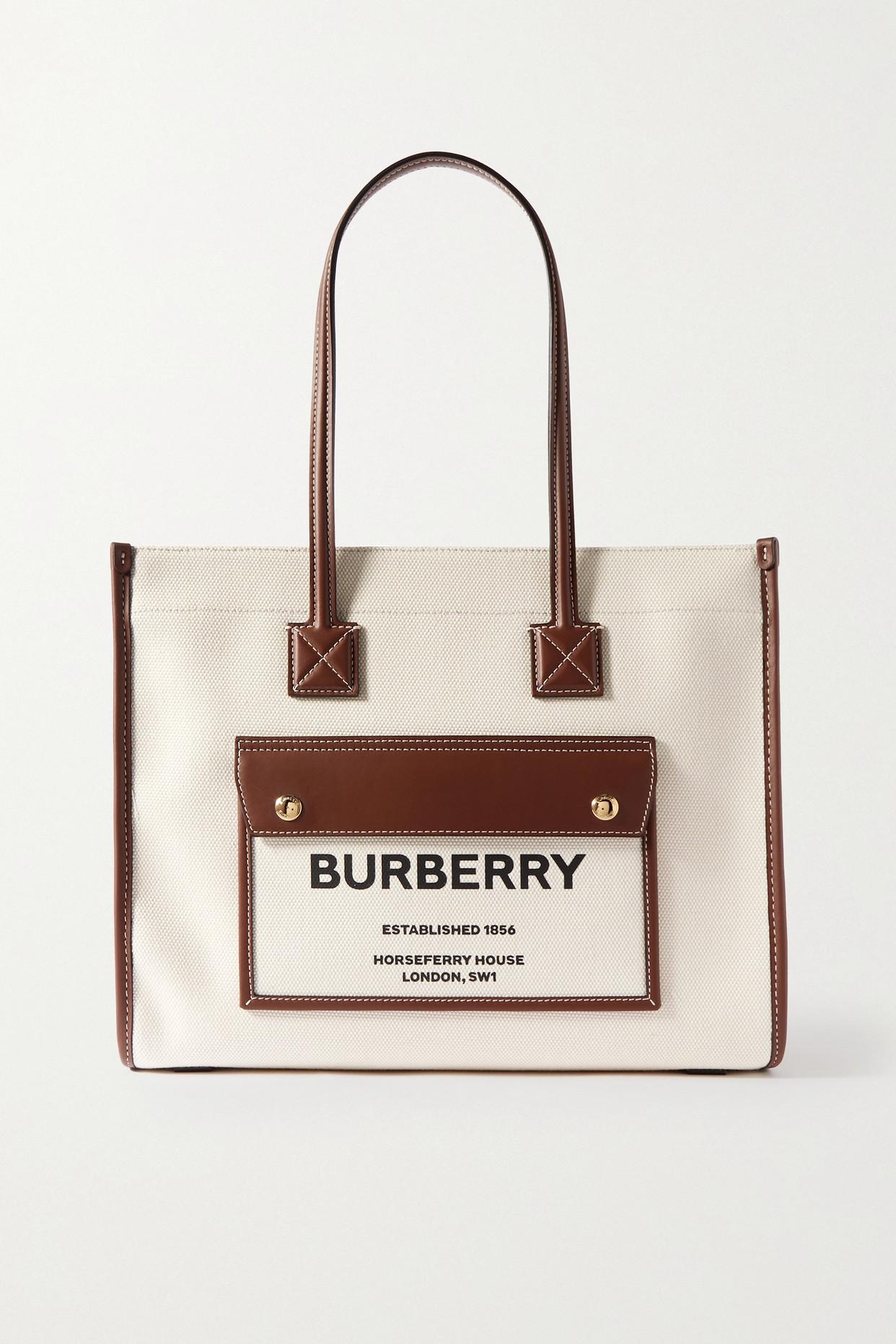 Burberry Small Leather-trimmed Printed Canvas Tote in Natural | Lyst