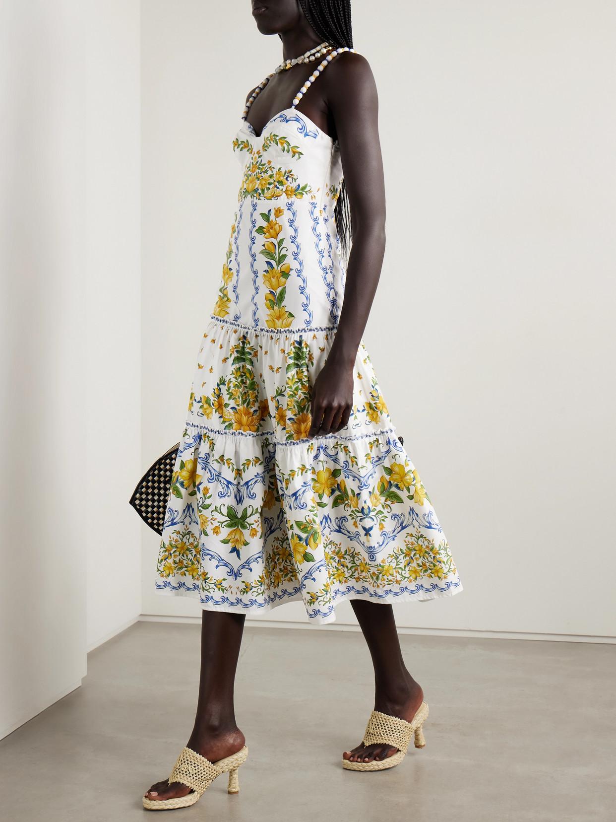 farm rio sicily flowers printed cotton midi dress FARM Rio Sicily Tiered Bead-Embellished Printed Cotton-Poplin Midi Dress in  White