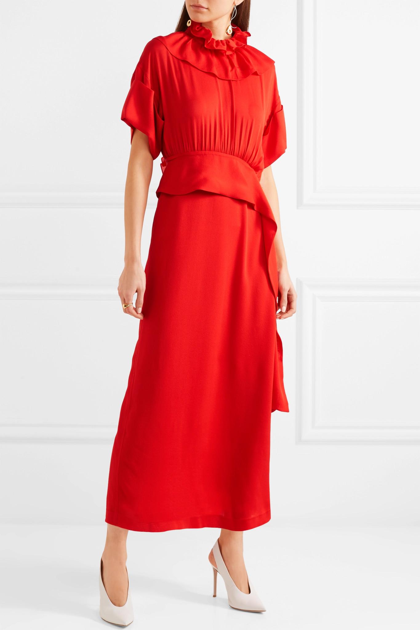 red midi silk dress
