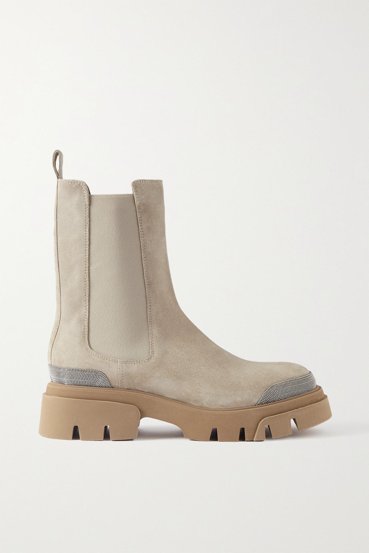 Brunello Cucinelli Bead-embellished Suede Chelsea Boots in Natural | Lyst