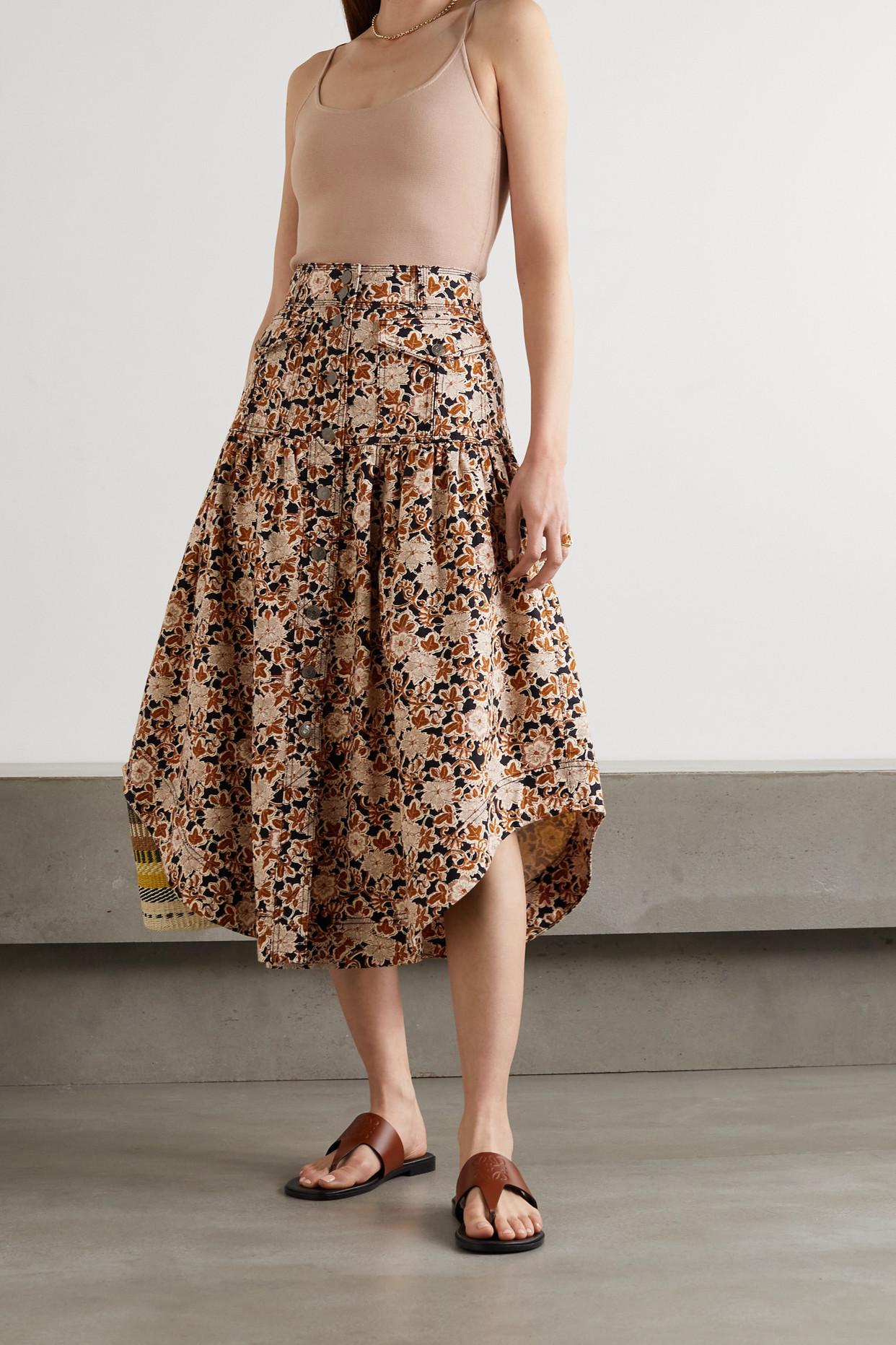 Ulla Johnson Briony Floral-print Denim Midi Skirt in Brown | Lyst