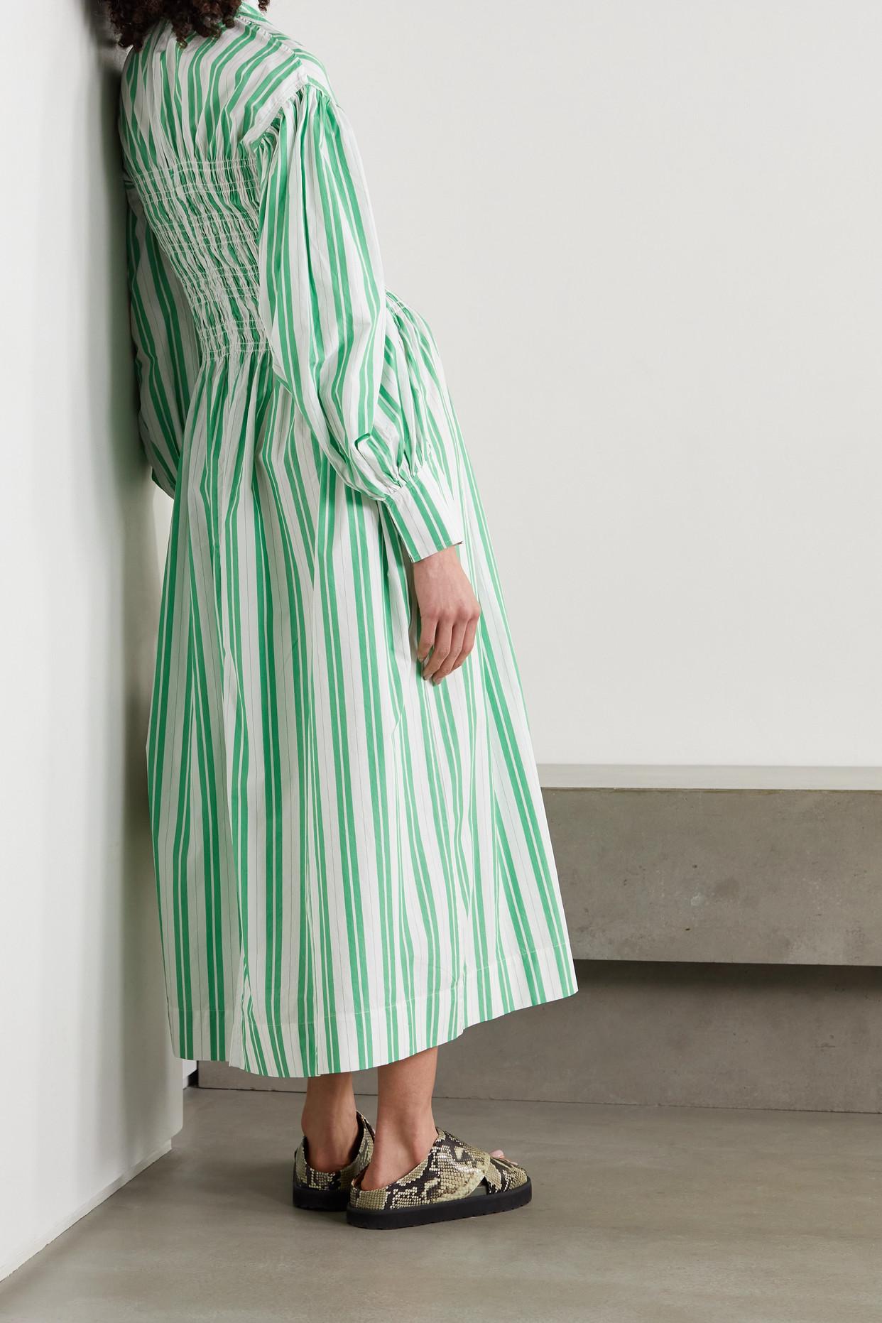 Ganni Shirred Striped Organic Cotton-poplin Midi Dress in Green | Lyst