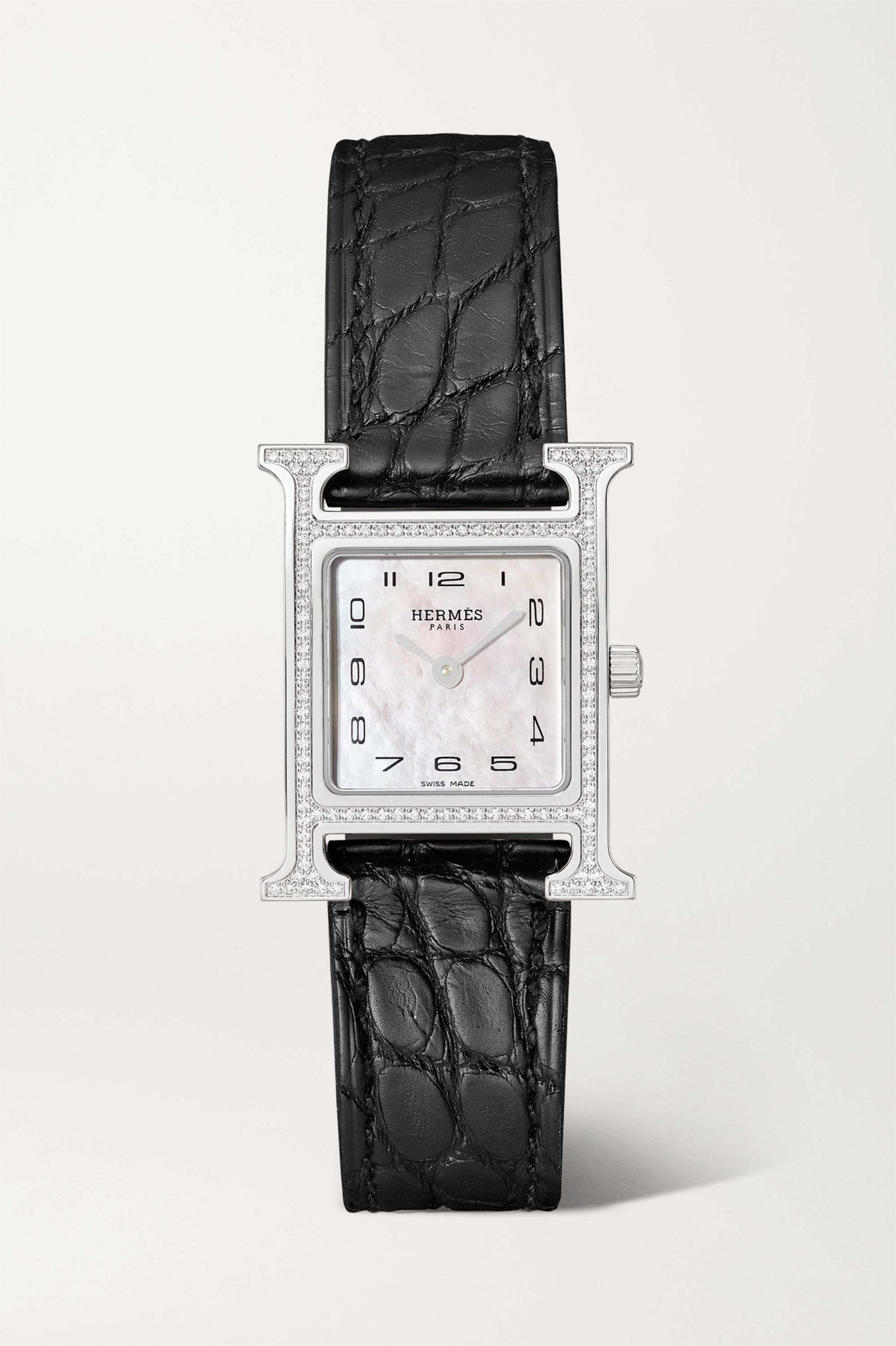 Hermes Diamond H Hour Heure Watch Raspberry Pink Crocodile Strap