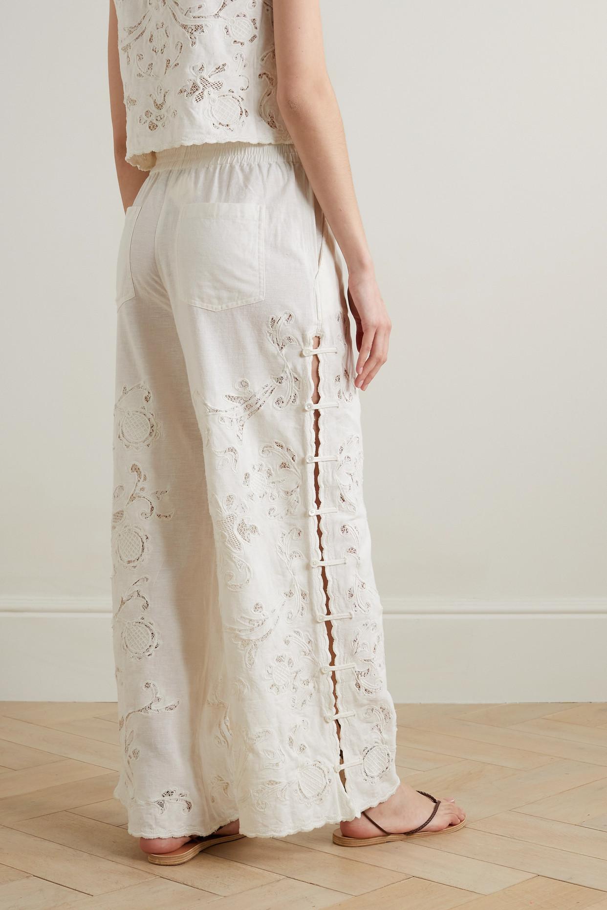 Sea Baylin Lace-trimmed Cotton And Flax-blend Voile Wide-leg Pants in White