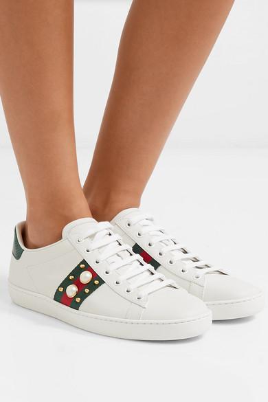 Gucci Ace Faux Pearl-embellished Metallic Watersnake-trimmed Leather ...