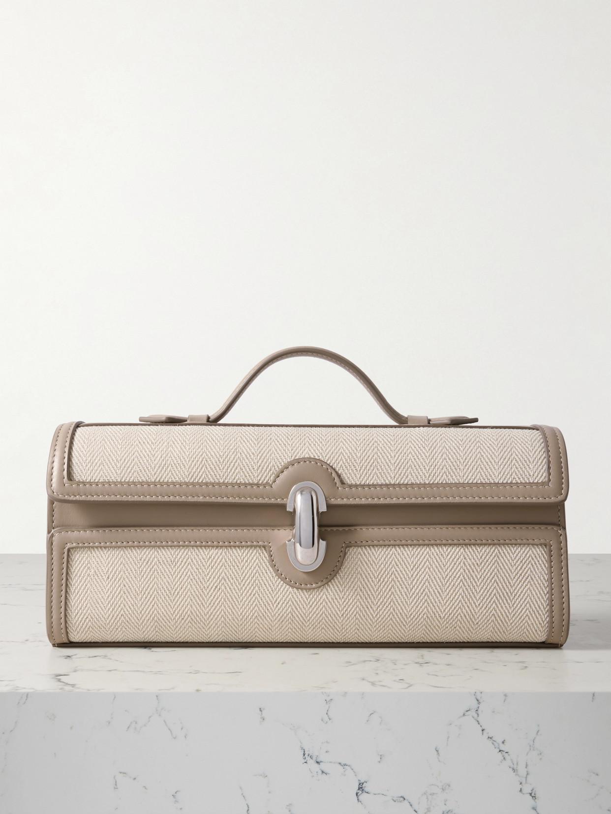 SAVETTE Slim Symmetry Pochette Leather-Trimmed Herringbone Linen 