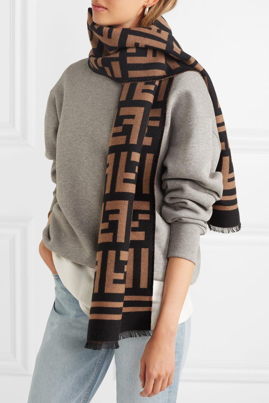 Fendi Wool And Silk-blend Jacquard Scarf in Brown | Lyst