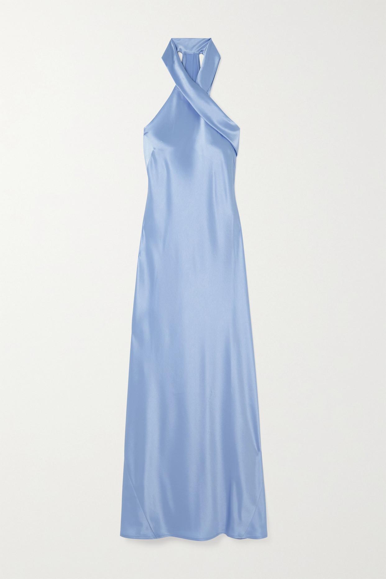 Galvan London Pandora Satin Halterneck Midi Dress in Blue Lyst