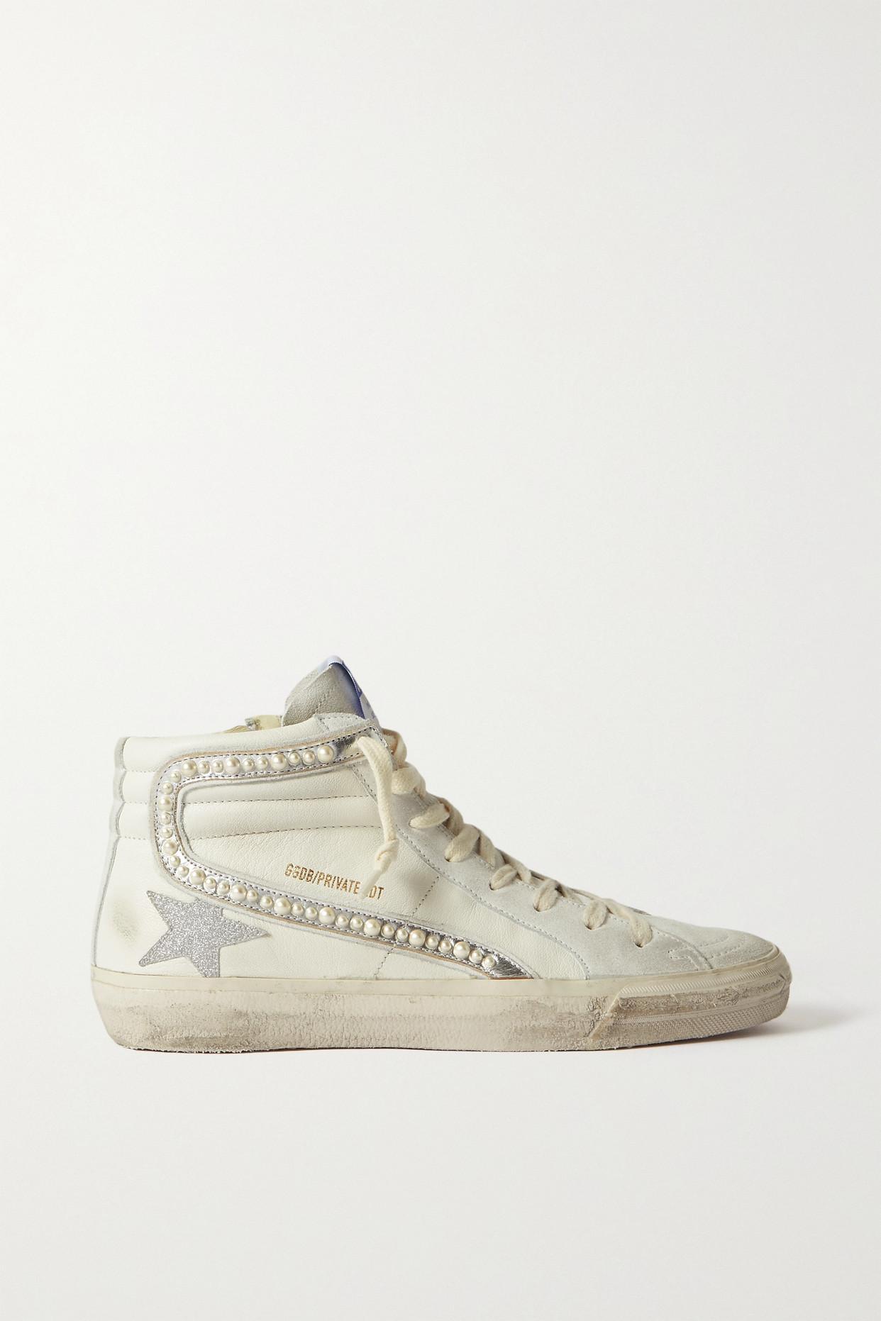 Golden Goose Slide Embellished Distressed Glittered Leather And Suede  High-top Sneakers in Natural | Lyst