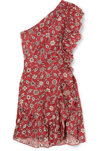 Étoile Isabel Marant Teller One-shoulder Ruffled Printed Linen Mini Dress  in Red | Lyst