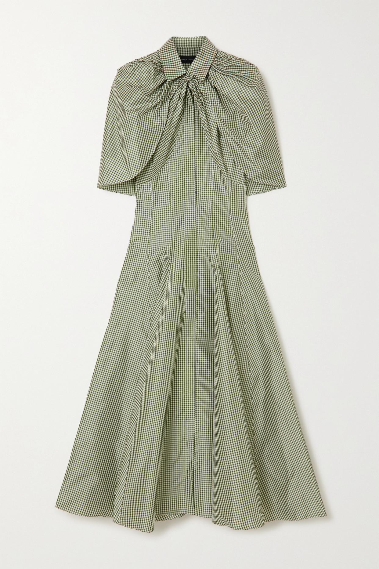 Brandon Maxwell Cape-effect Gingham Silk-shantung Midi Dress in Green | Lyst