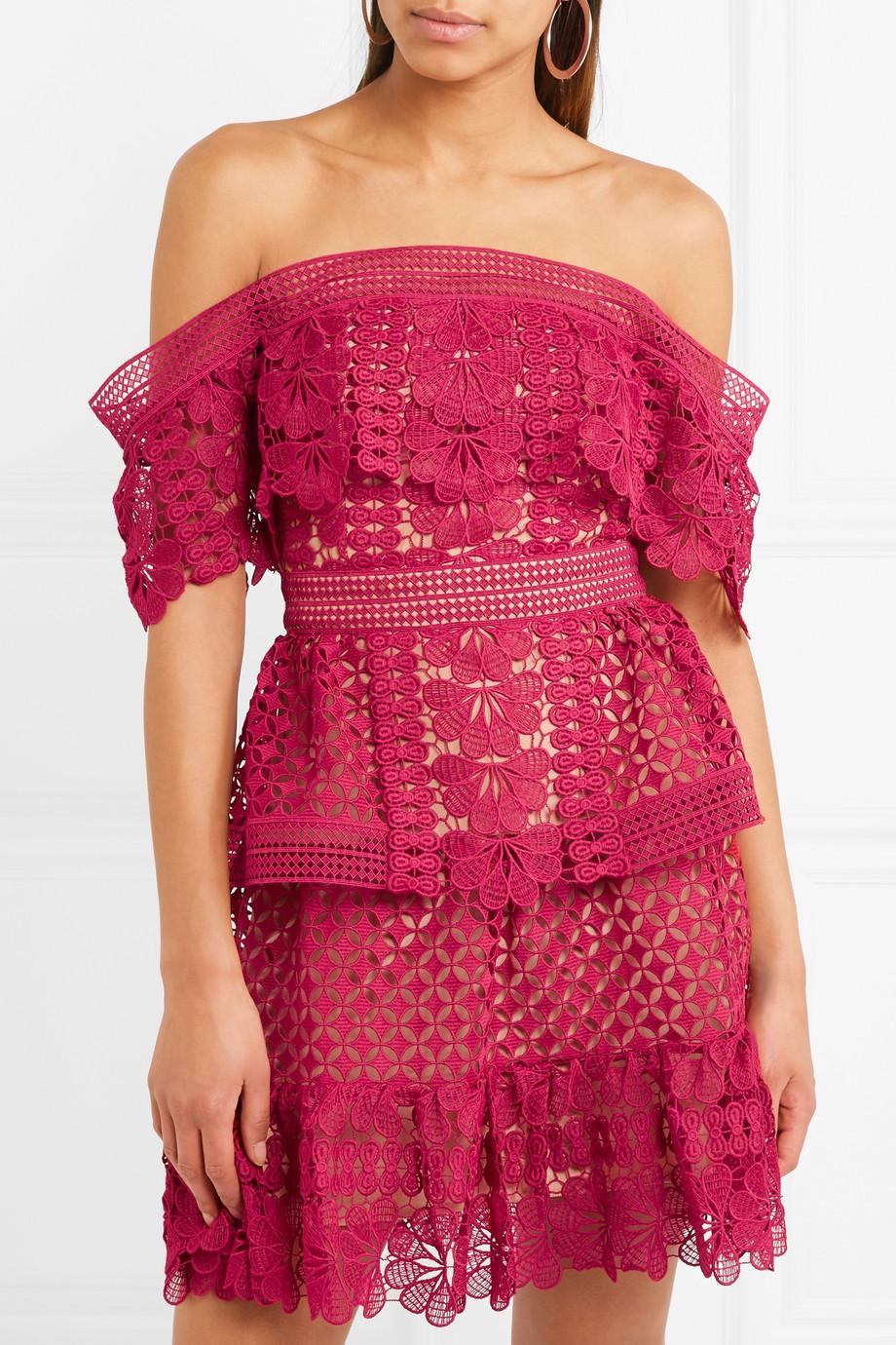 Self-Portrait Off-the-shoulder Tiered Guipure Lace Mini Dress | Lyst