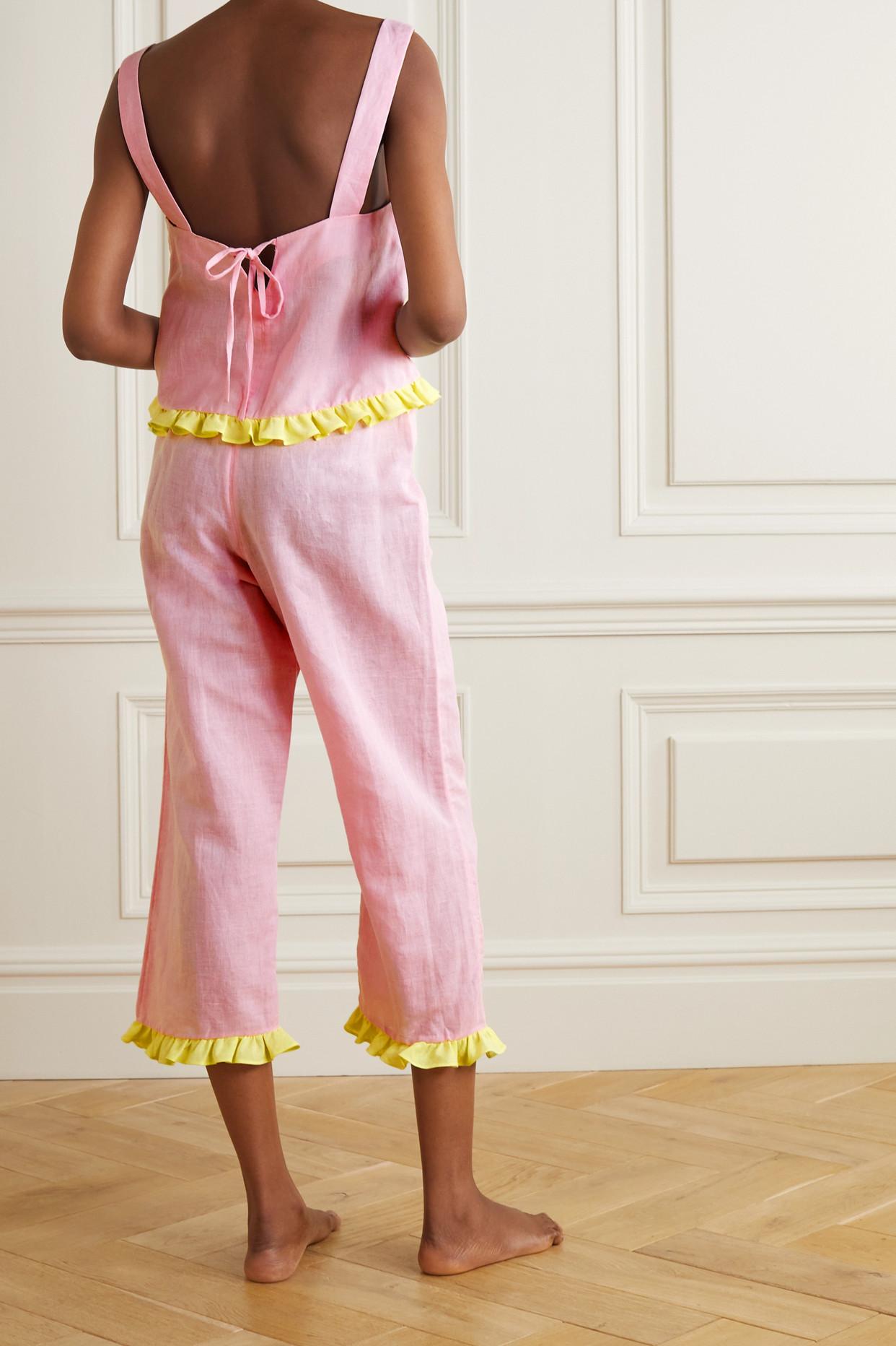 Dora Larsen Emeli Ruffled Linen And Organic Cotton-blend Pajama Set in Pink  | Lyst