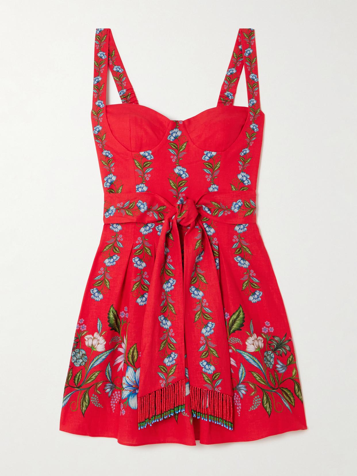 farm rio sweet bloom bouquet short sleeve mini dress Sweet Bloom Bouquet linen-blend minidress in red - Farm Rio