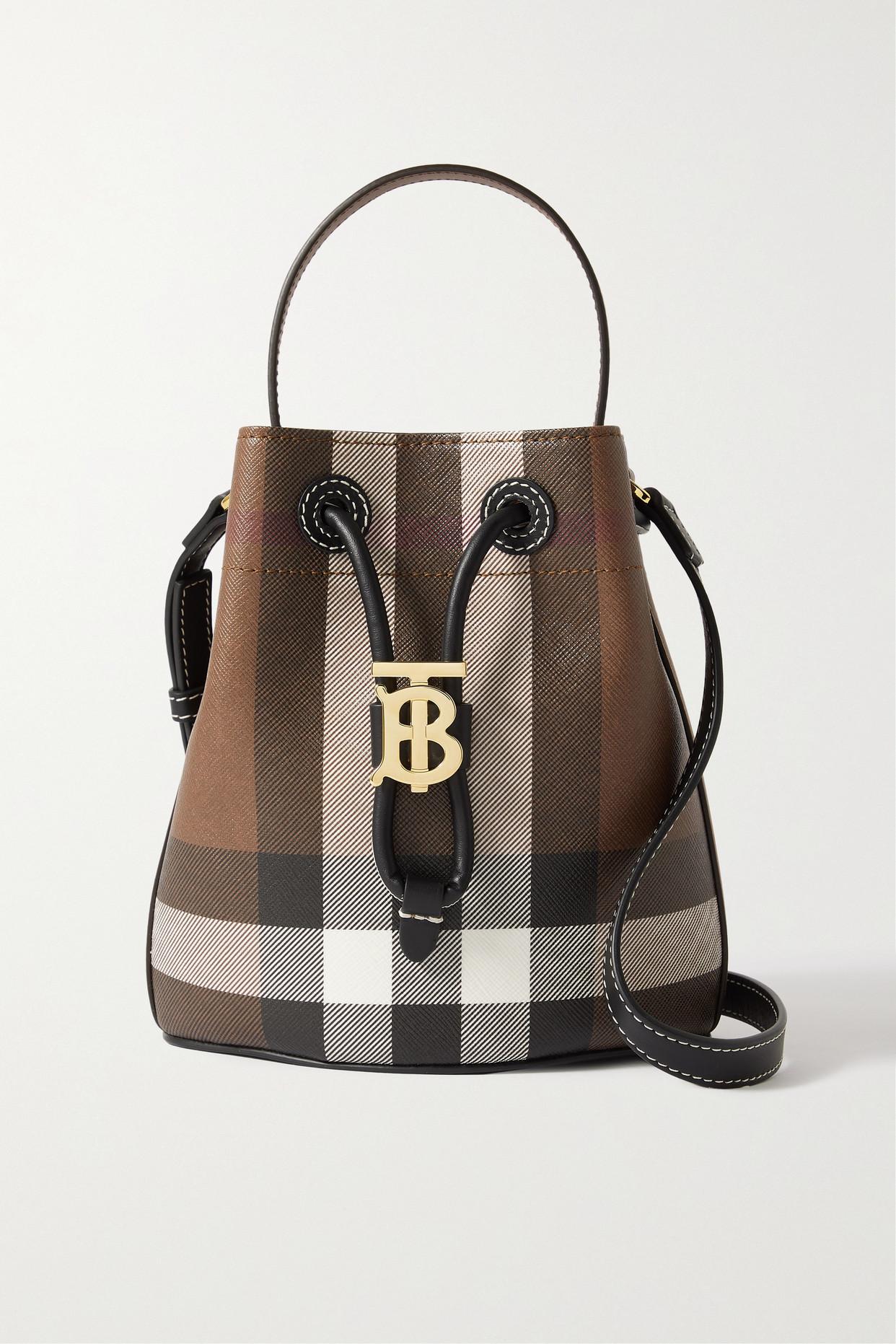 Burberry Leather Trimmed Checked Coated Canvas Bucket Bag In Brown Lyst