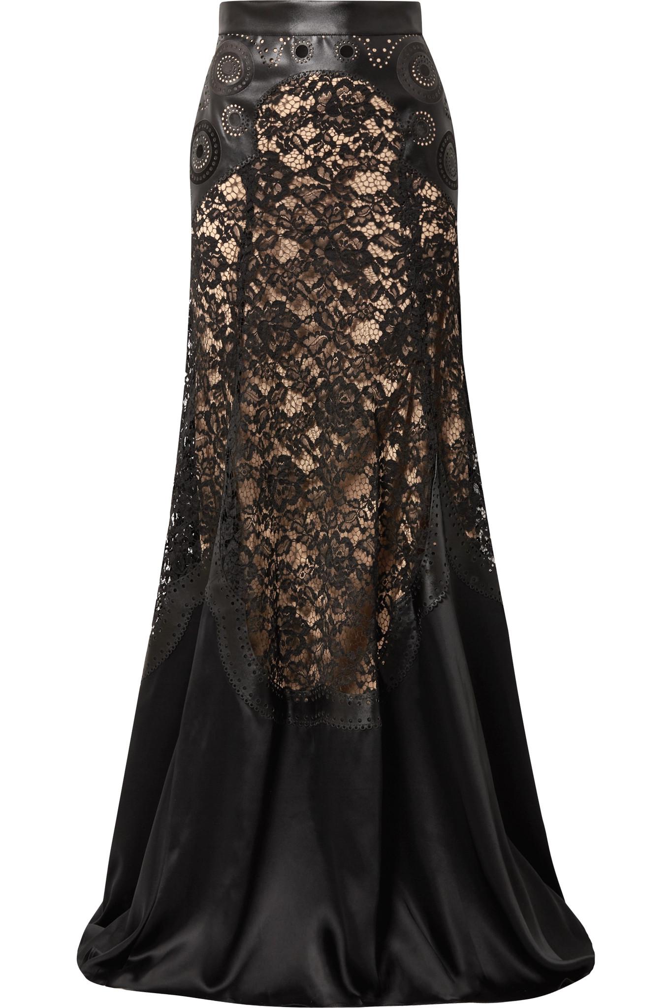 Elie Saab Paneled Laser-cut Satin And Corded Lace Maxi Skirt in Black ...