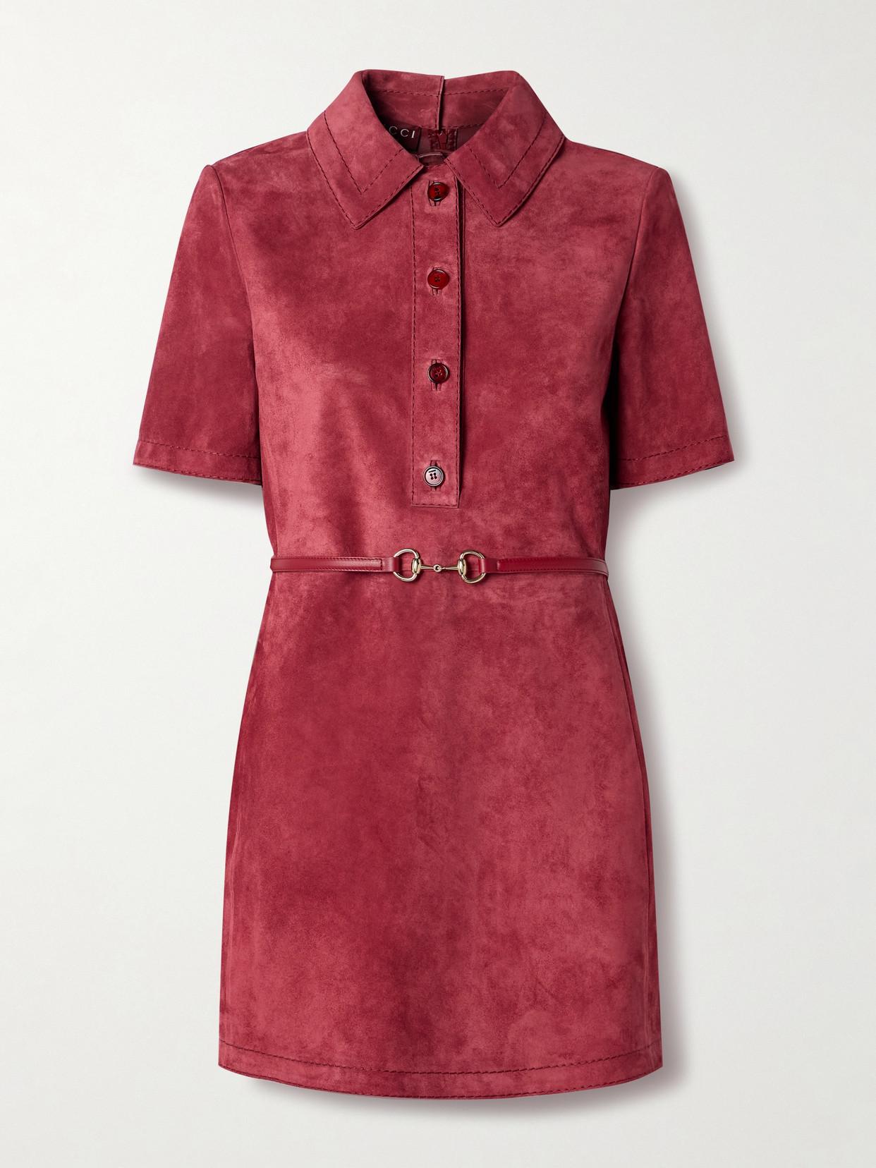 Gucci Belted Leather-Paneled Suede Mini Dress in Red | Lyst UK