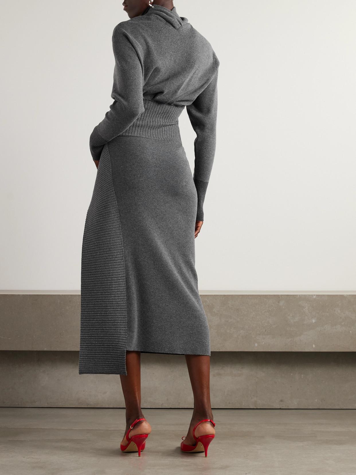 Lanvin Embellished Draped Wool-Blend Turtleneck Midi Dress in Grey 