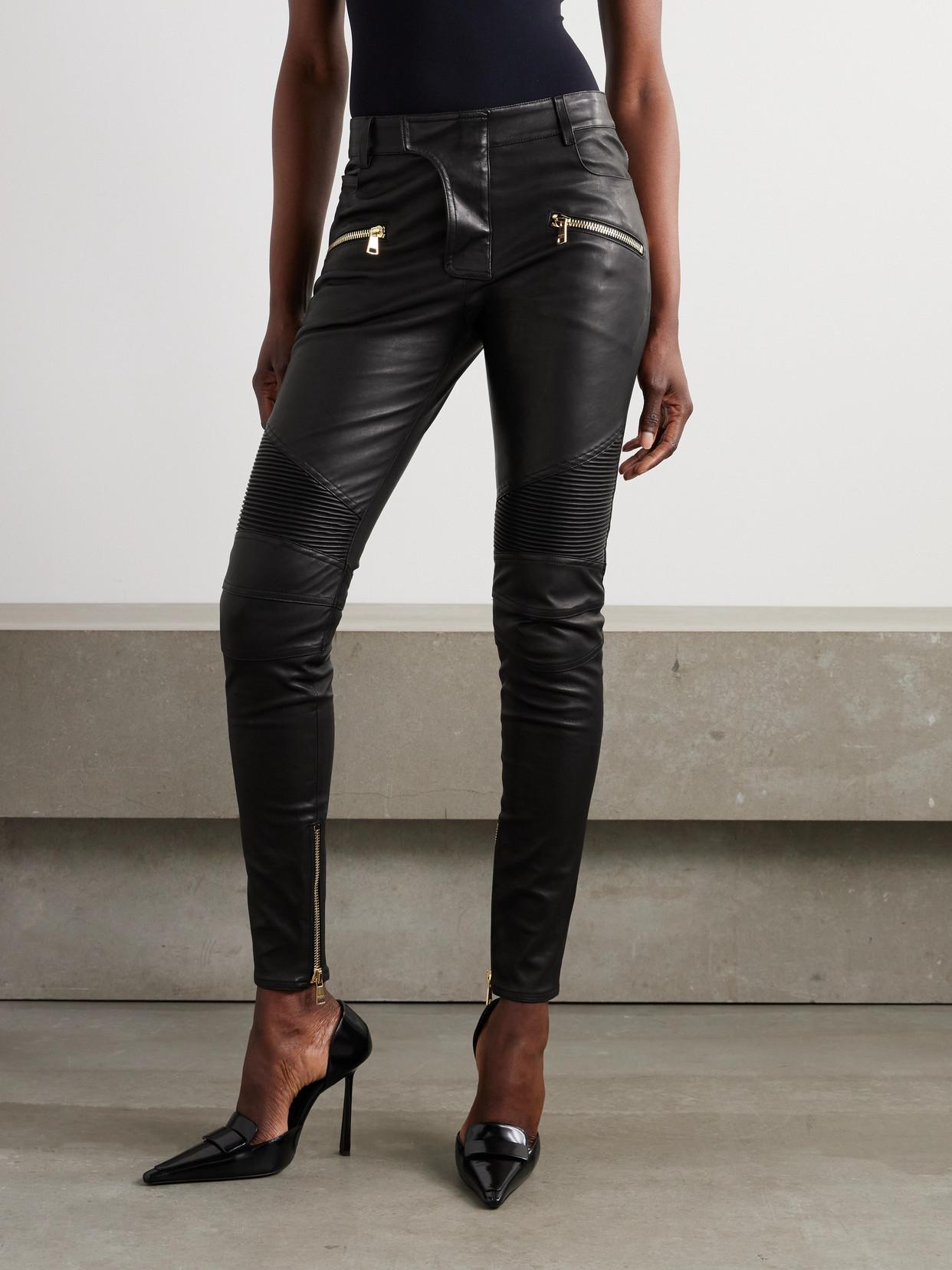 【関税＆送料込み】Balmain Zipped Satin Slim Pants Clothing BALMAIN PARIS Moto Biker Zip Jeans Black Stretch Pants Mens