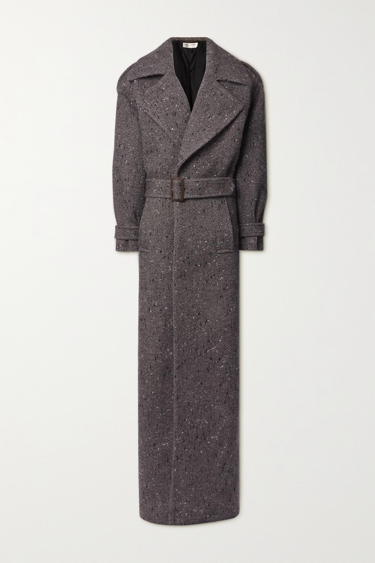 Belted Herringbone Wool blend Coat