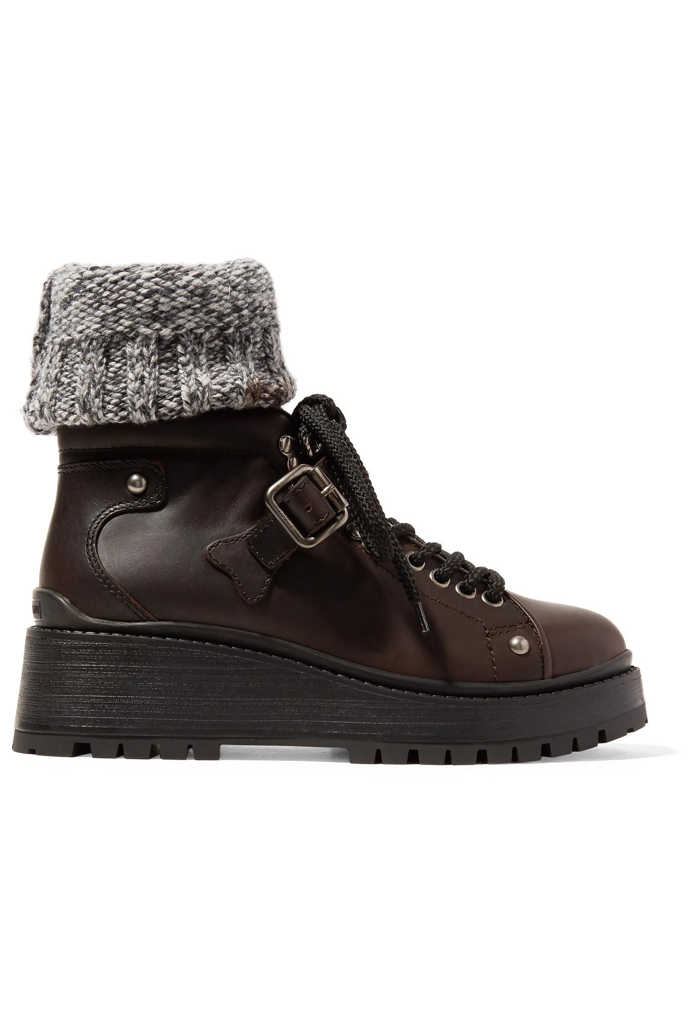 Miu Miu Sock-inset Leather Ankle Boots in Dark Brown (Brown) | Lyst