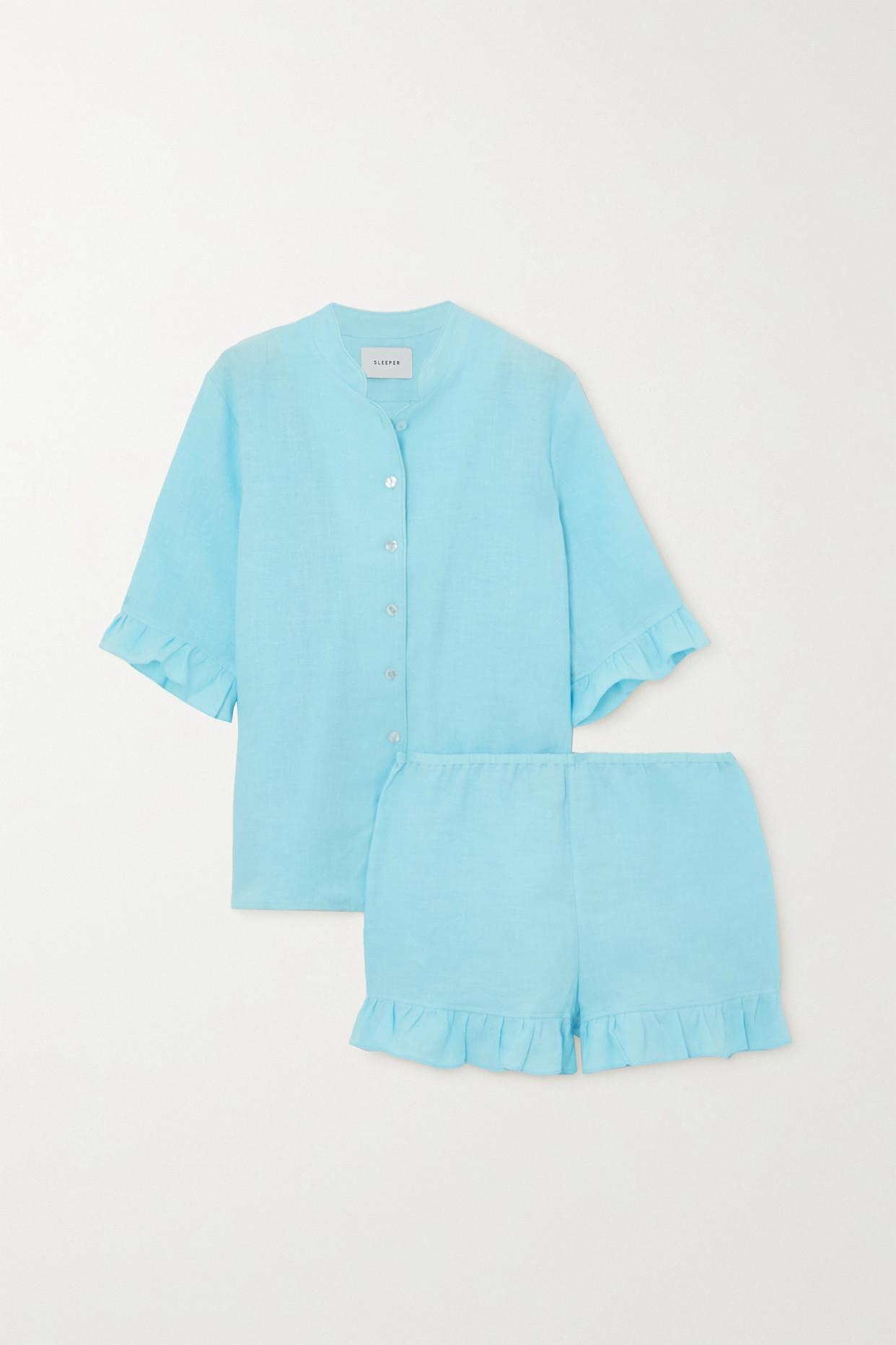 Sleeper + Net Sustain Lounge Suit Ruffled Linen Pajama Set in Blue | Lyst