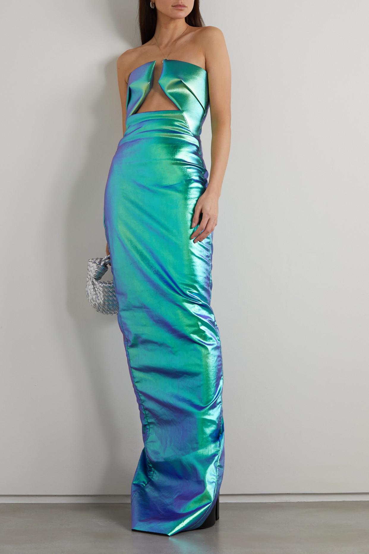 Rick Owens Strapless Cutout Metallic Coated-denim Gown in Green | Lyst