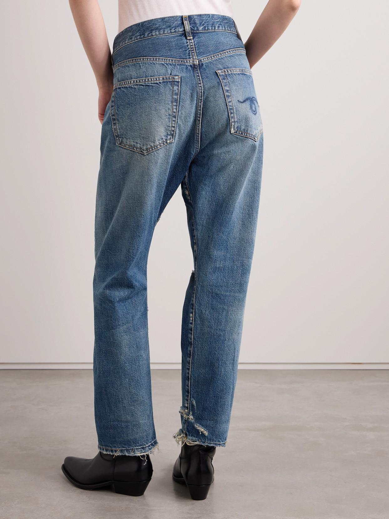 R13 Crossover Asymmetric Distressed Boyfriend Jeans in Blue