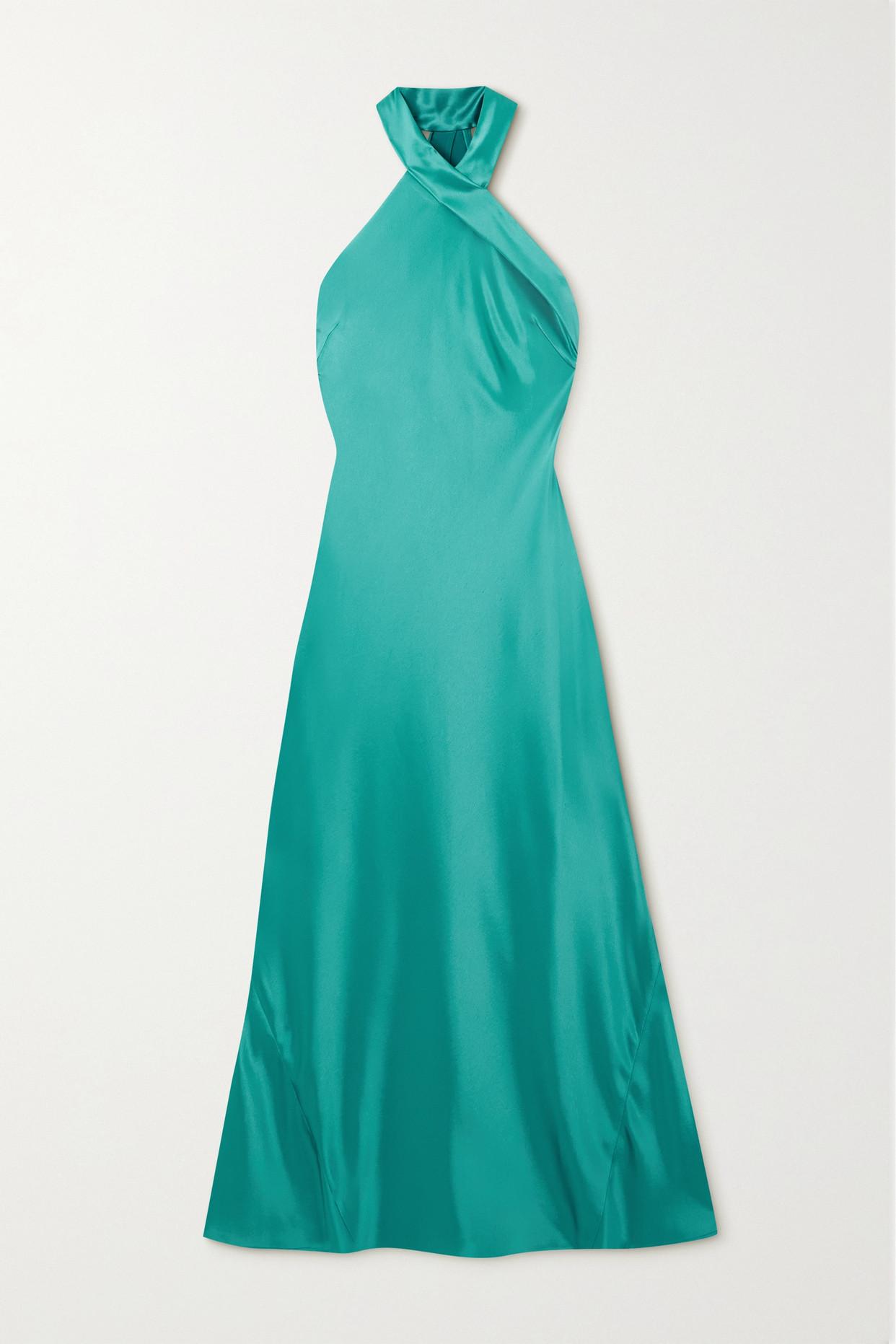 Galvan London Pandora Satin Halterneck Maxi Dress in Green Lyst