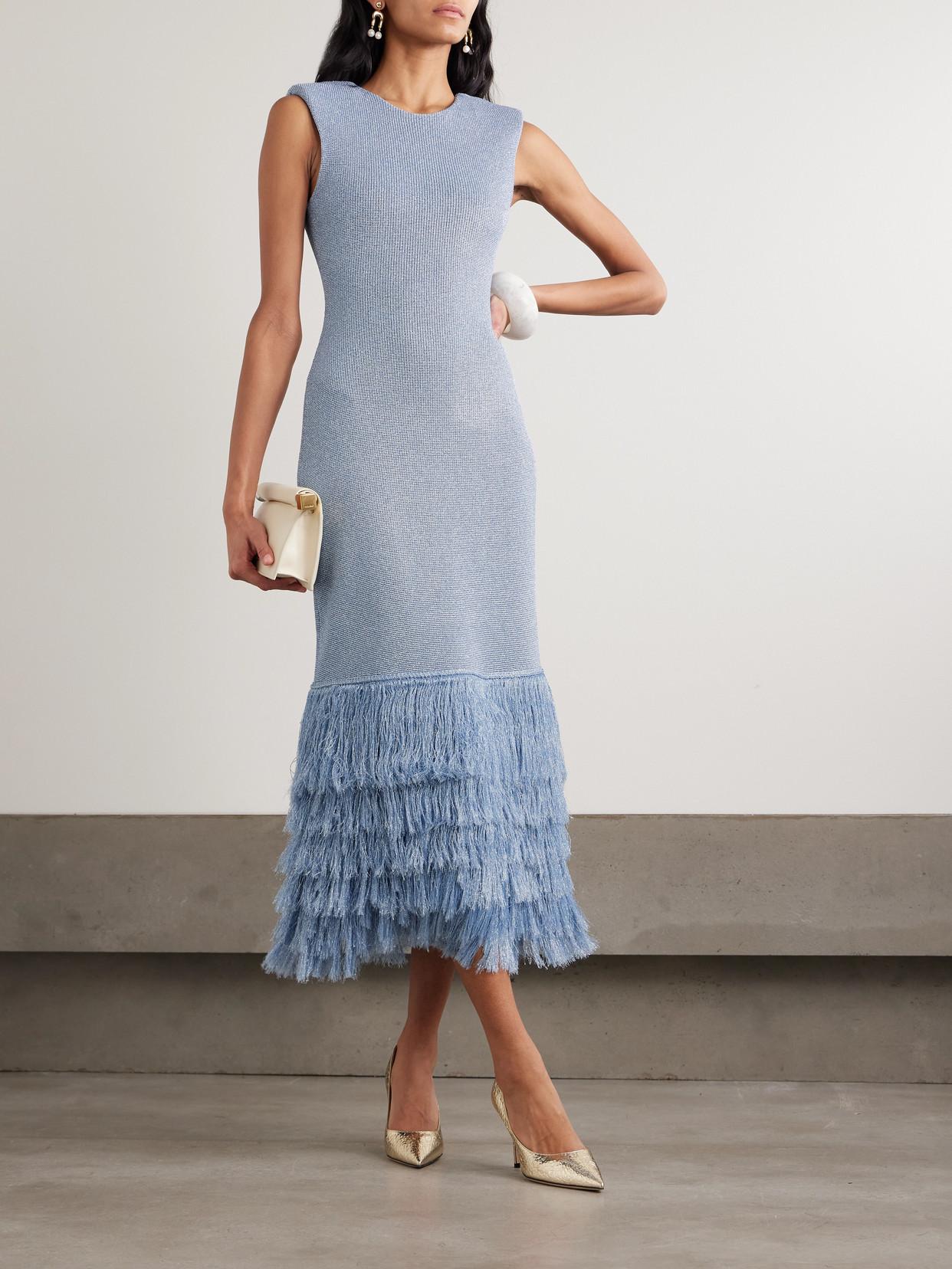 aje breeze knit midi dress Aje. Breeze Fringed Metallic Knitted Midi Dress in Blue