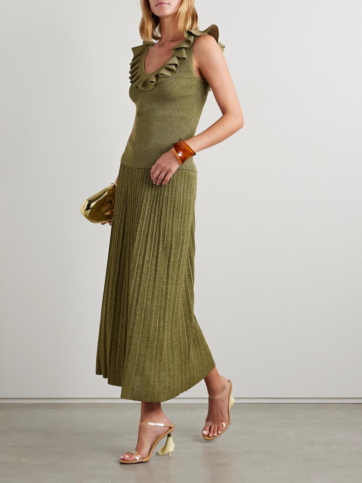 Zimmermann Wylie Metallic Ribbed-Knit Midi Skirt in Green | Lyst