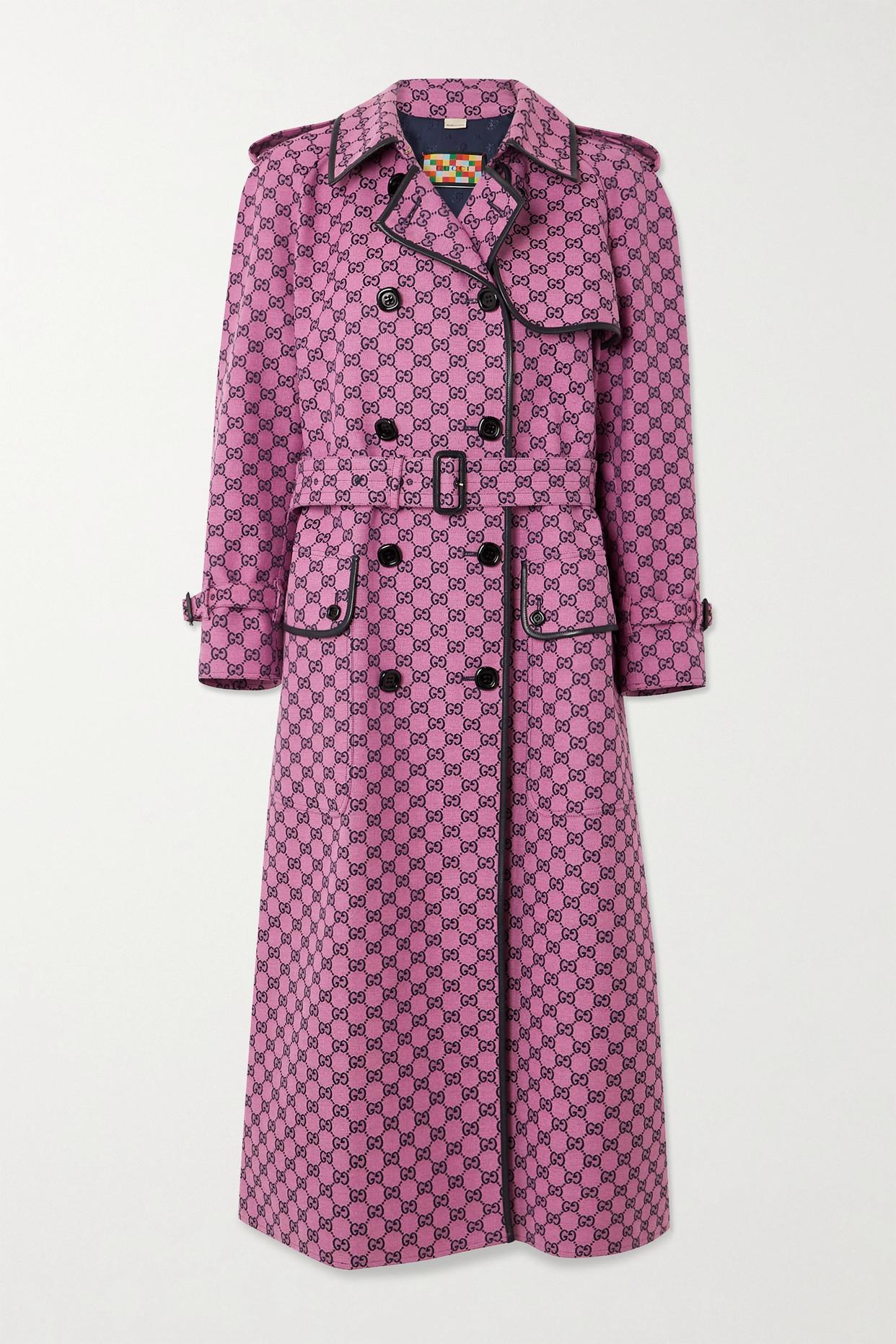 Gg Multicolour Belted Leather-trimmed Cotton-blend Jacquard Trench Coat in Pink | Lyst