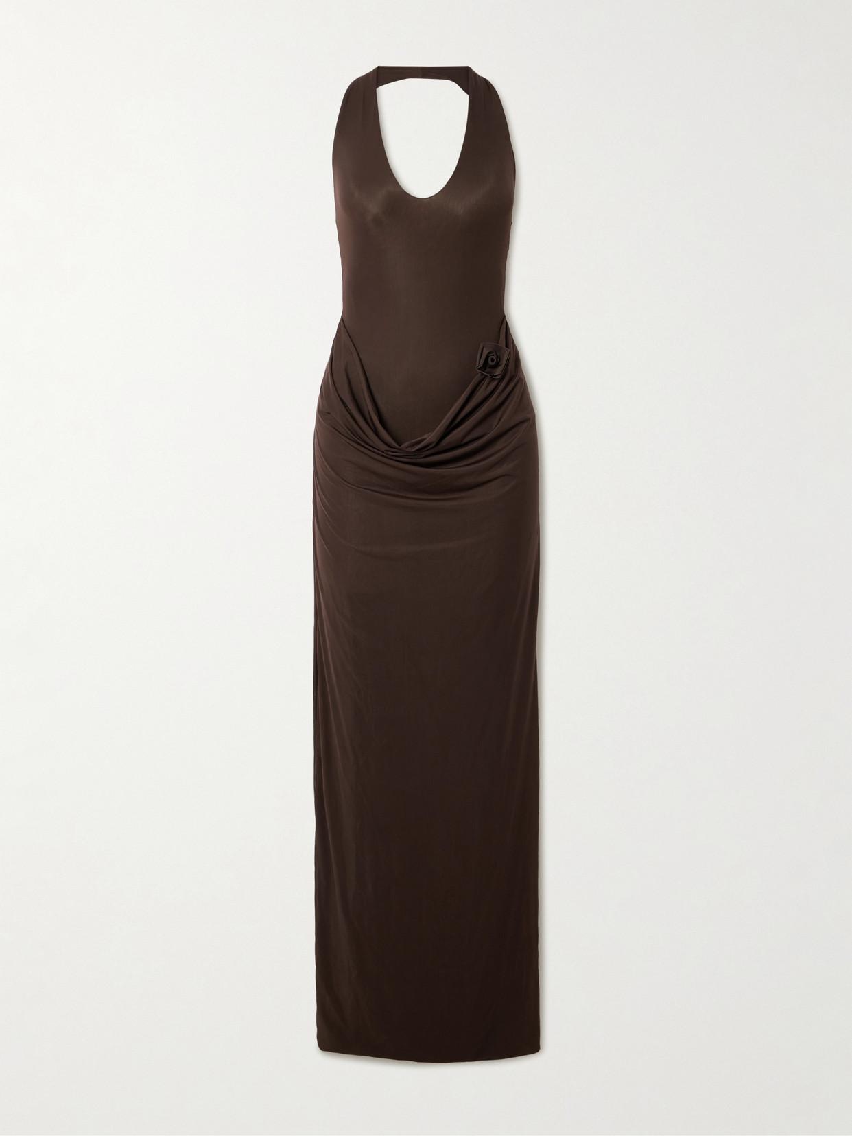 Maygel Coronel Conto Appliqud Draped Stretch-Jersey Maxi Dress in Brown | Lyst Maygel Coronel Conto Appliqud Draped Stretch-Jersey Maxi Dress in Brown | Lyst