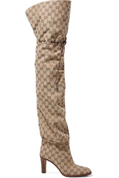 Gucci Leather-trimmed Logo-jacquard Over-the-knee Boots in Natural | Lyst