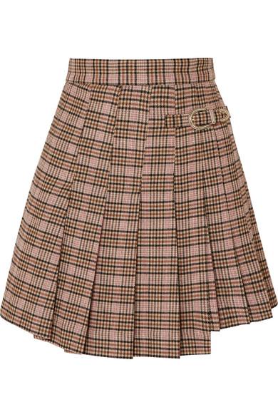 Maje Jilo Buckled Pleated Checked Tweed Mini Skirt in Ecru (Brown 