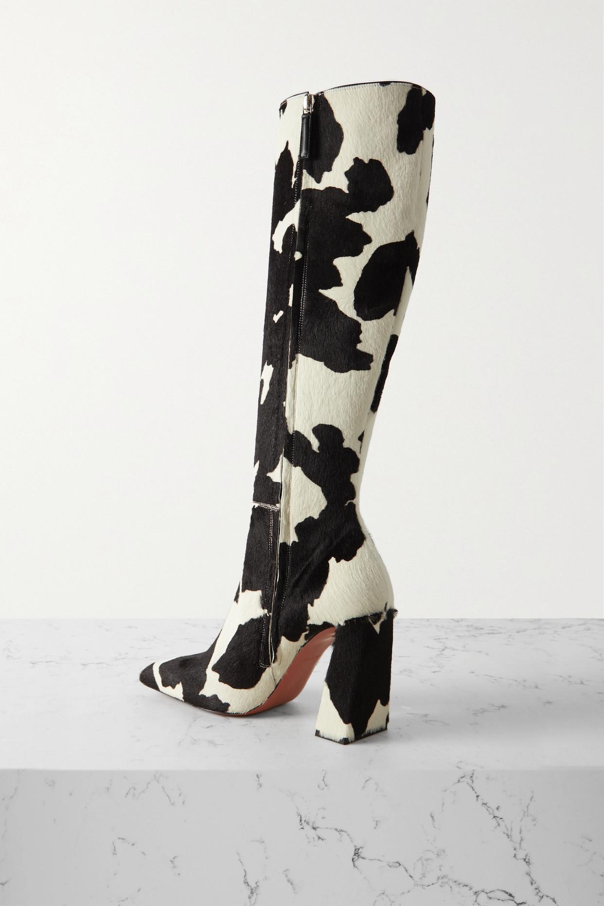 AMINA MUADDI Marine Cow-print Pony Hair Knee Boots in Black | Lyst