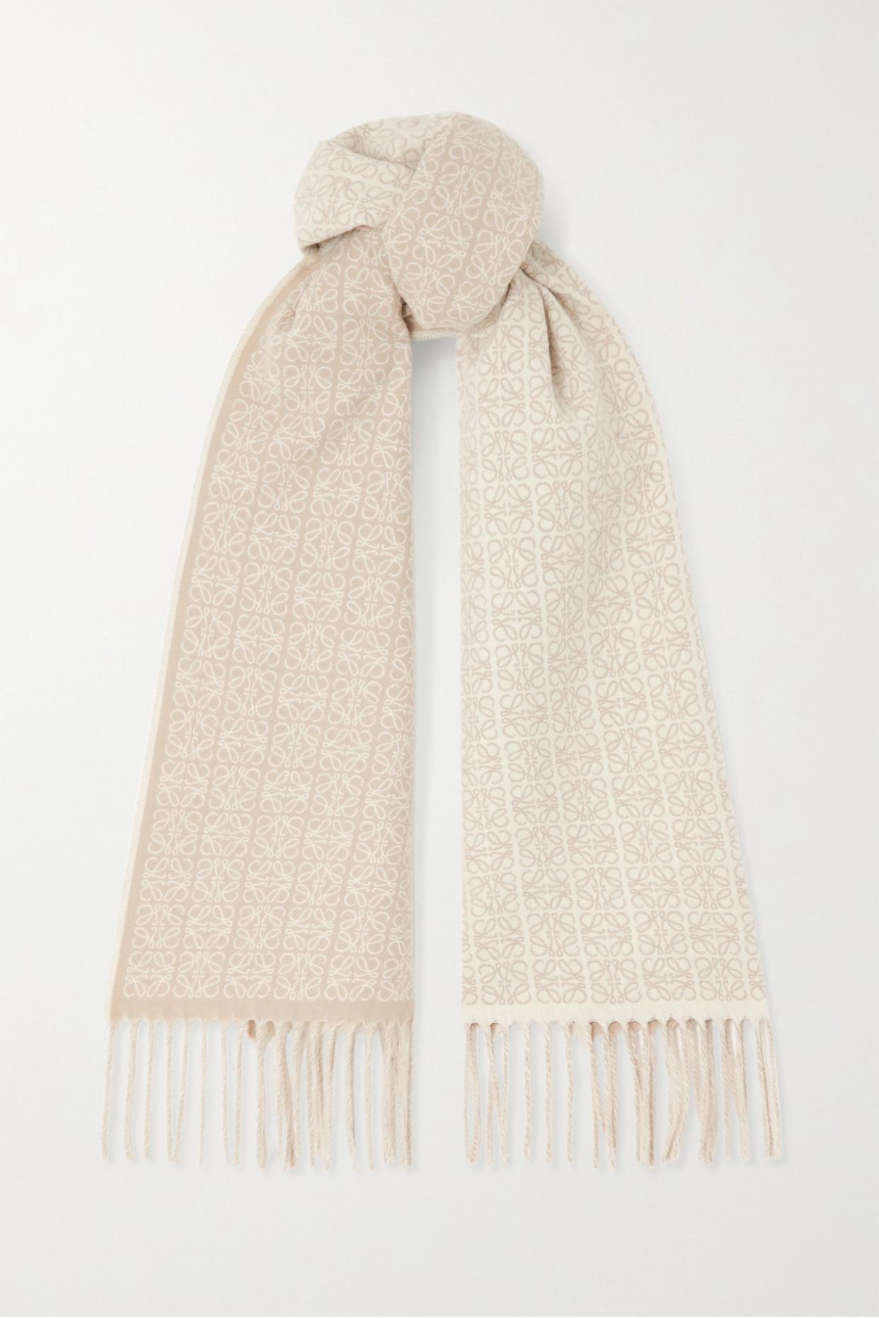 Loewe Reversible Leather-trimmed Jacquard-knit Cashmere Scarf in Natural |  Lyst