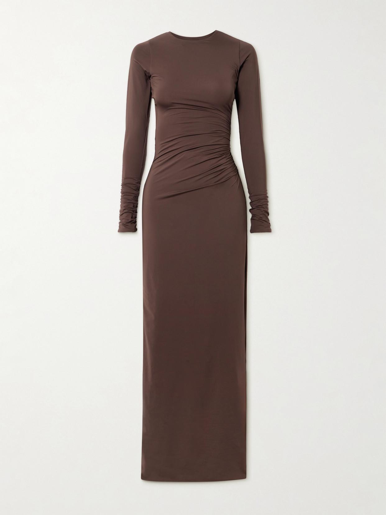 Maygel Coronel Albedo Gathered Stretch-Jersey Maxi Dress in Brown
