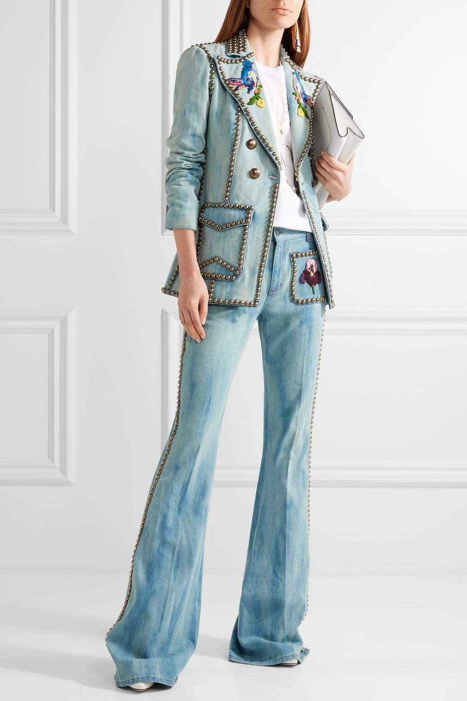 Gucci Embroidered Studded Denim Blazer 