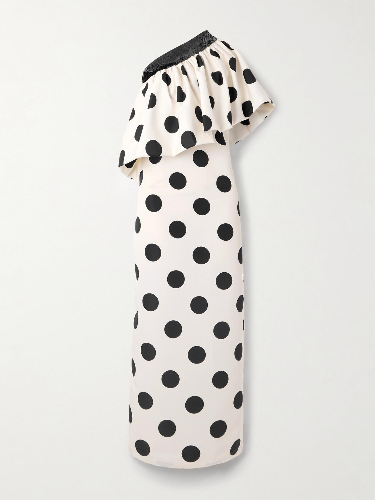white one shoulder polka dot dress Monique Lhuillier Sculptural One-Shoulder Polka Dot Cocktail Dress