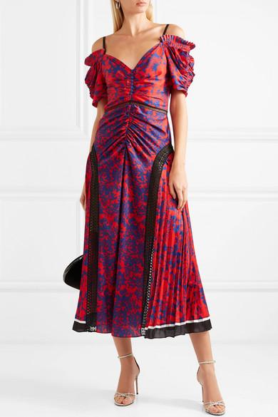 self portrait cold shoulder floral print satin midi dress Self-Portrait Cold-shoulder Floral-print Satin Midi Dress in Red